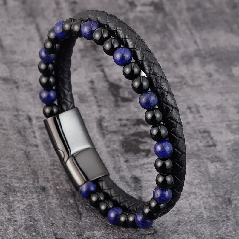 Buddha Stones Black Onyx Lazurite Lapis Lazuli Titanium Steel Positive Self Care Leather Bracelet - Black Onyx Lazurite(Wrist Circumference: 18-19cm) - image 0