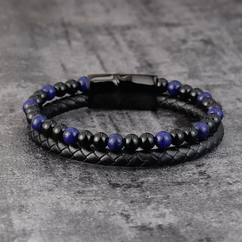 Buddha Stones Black Onyx Lazurite Lapis Lazuli Titanium Steel Positive Self Care Leather Bracelet - image 1