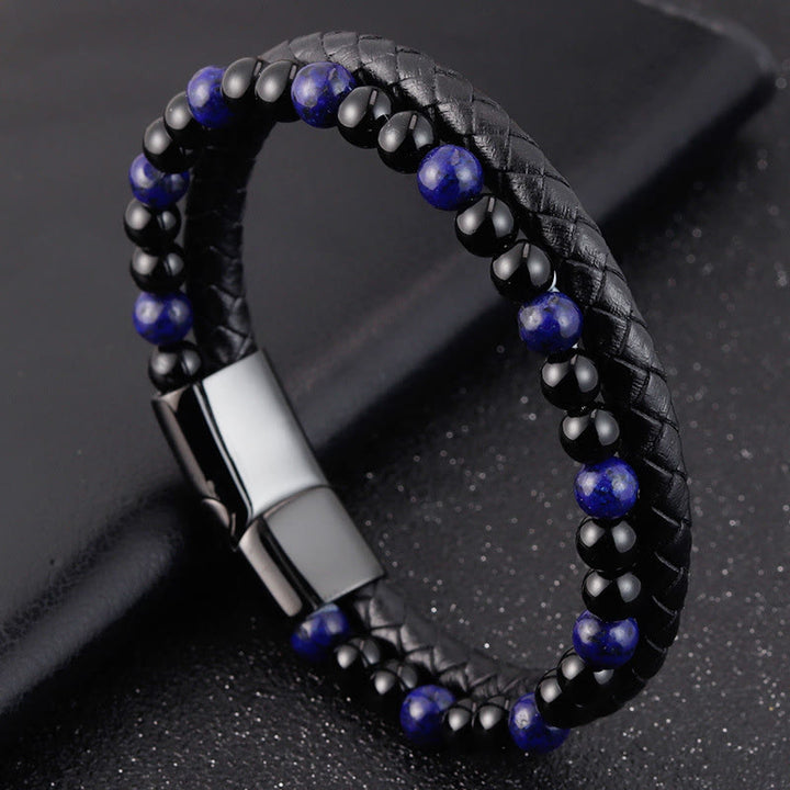 Buddha Stones Black Onyx Lazurite Titanium Steel Positive Self Care Leather Bracelet - image 9
