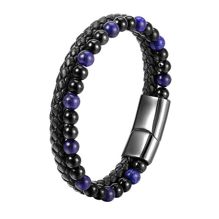 Buddha Stones Black Onyx Lazurite Titanium Steel Positive Self Care Leather Bracelet - image 12