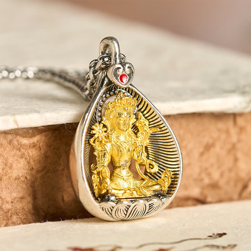 Buddha Stones Green Tara Shakyamuni Buddha Copper Plated Silver Curb Chain Luck Pendant Necklace - Green Tara - image 0