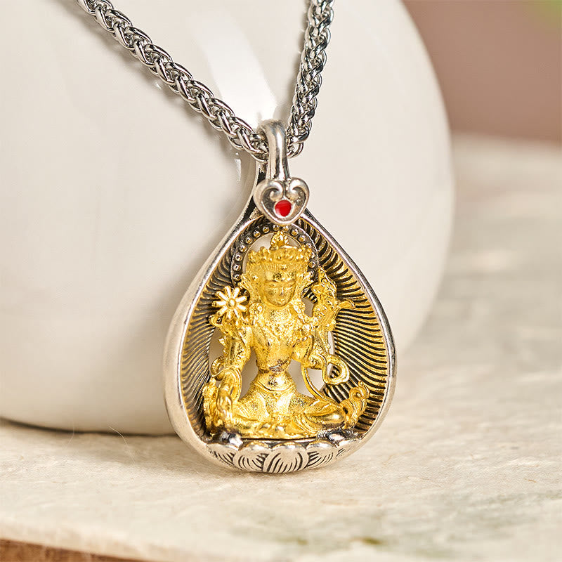 Buddha Stones Green Tara Shakyamuni Buddha Copper Plated Silver Curb Chain Luck Pendant Necklace - image 1