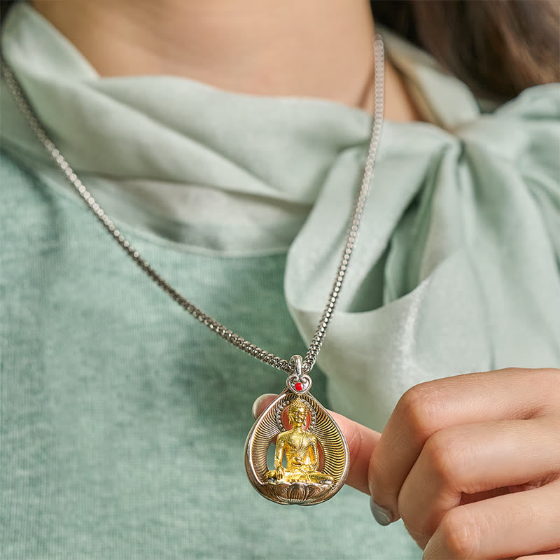 Buddha Stones Green Tara Shakyamuni Buddha Copper Plated Silver Curb Chain Luck Pendant Necklace - image 13