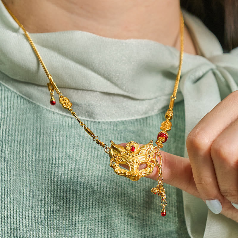 Buddha Stone 24k Gold Plated Brass Fox Design Tassel Pendant Necklace - image 5