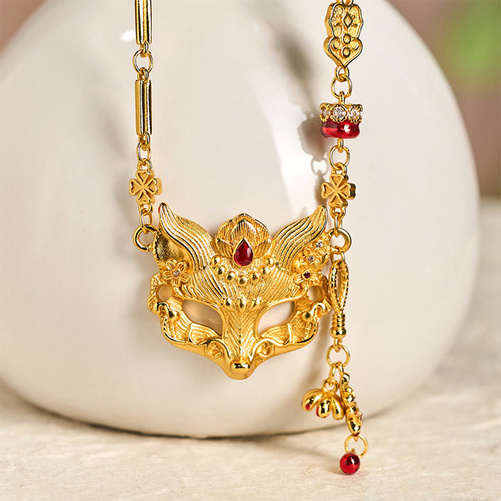 Buddha Stone 24k Gold Plated Brass Fox Design Tassel Pendant Necklace - image 2