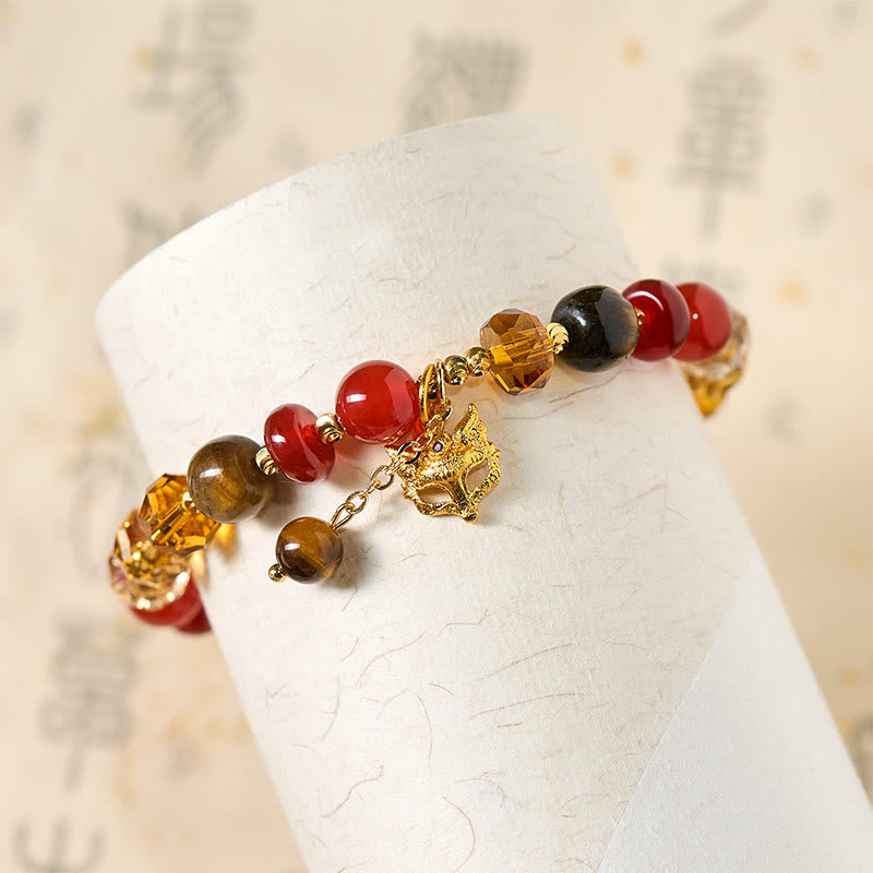 Buddha Stones Red Agate Tiger Eye Fox Charm Calm Beaded Bracelet - image 4