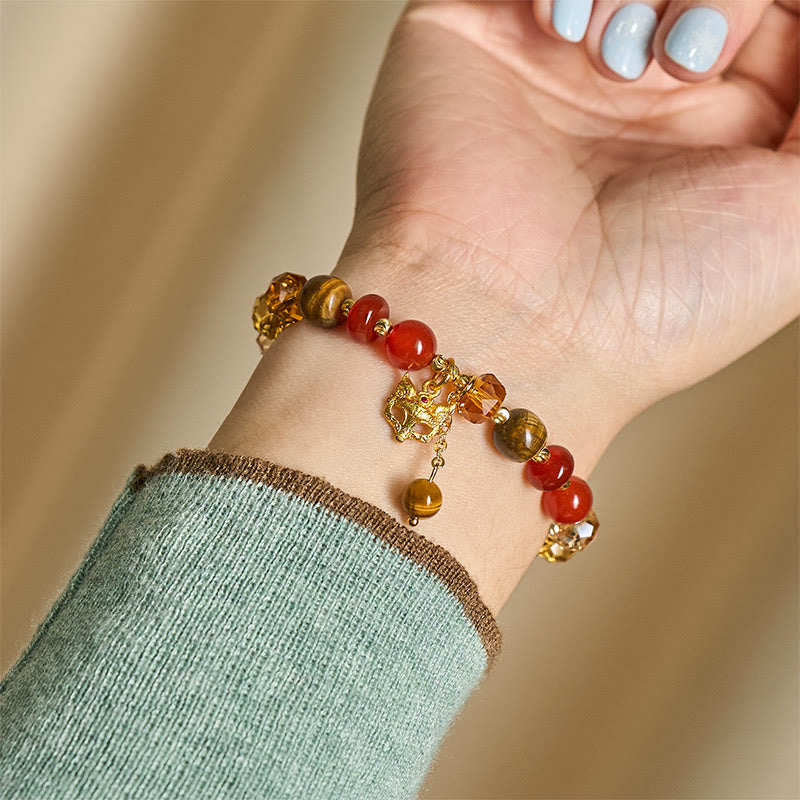 Buddha Stones Red Agate Tiger Eye Fox Charm Calm Beaded Bracelet - image 7