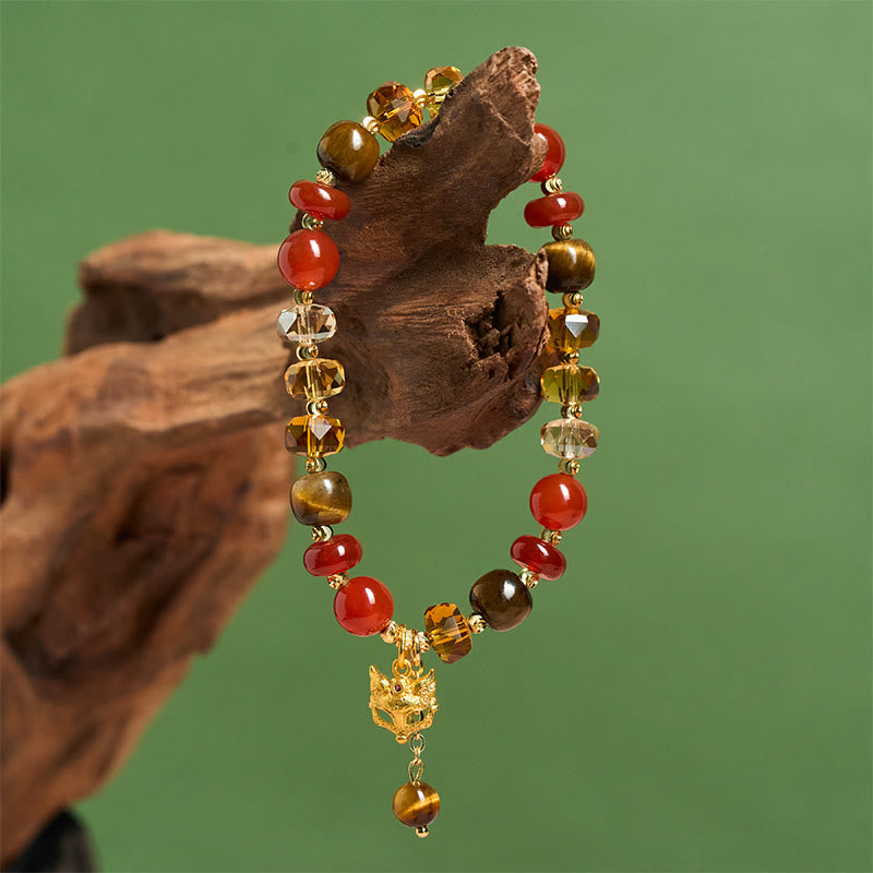 Buddha Stones Red Agate Tiger Eye Fox Charm Calm Beaded Bracelet - image 6