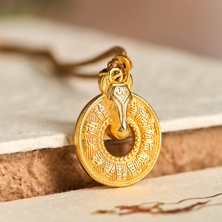 Buddha Stones Year Of The Horse Peace Buckle Fu Character Gold Plated Copper Energy Necklace Pendant - image 1