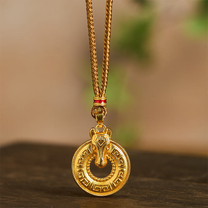 Buddha Stones Year Of The Horse Peace Buckle Fu Character Gold Plated Copper Energy Necklace Pendant - image 4
