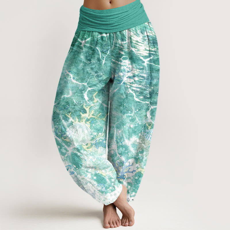 Buddha Stones Cotton Lively Ocean Seashells Coral Pattern Women's Elastic Waist Harem Pants - LightSeaGreen - US16，UK/AU20，EU48 (3XL) - image 8