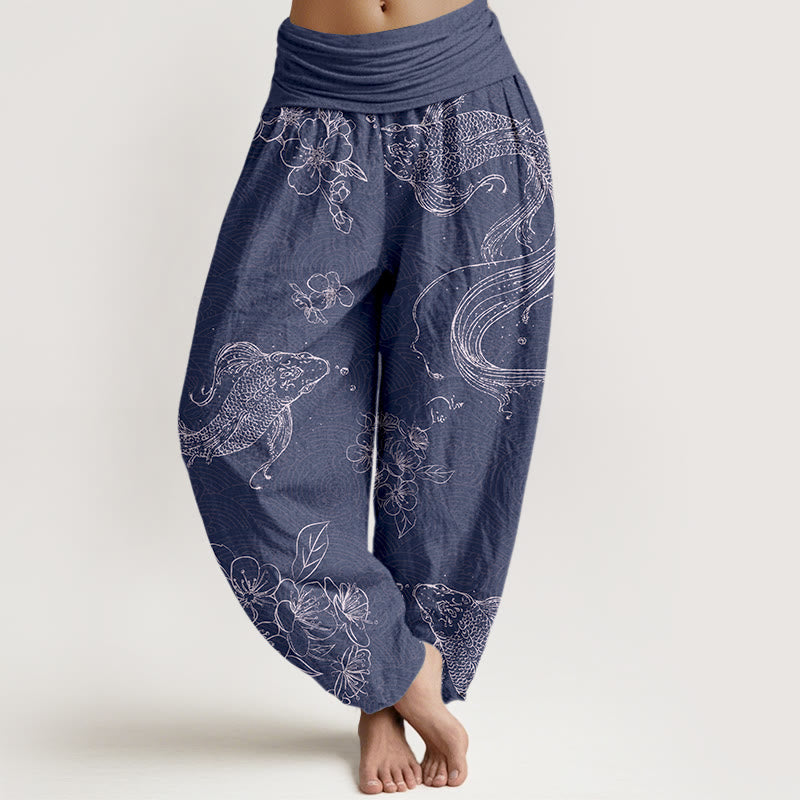 Buddha Stones Pure Cotton Exquisite Koi Fish Flowers Patterns Women's Elastic Waist Harem Pants - DarkSlateBlue - US16，UK/AU20，EU48 (3XL) - image 0