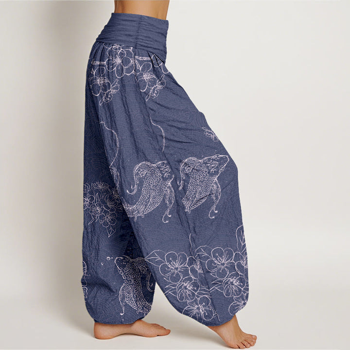 Buddha Stones Pure Cotton Exquisite Koi Fish Flowers Patterns Women's Elastic Waist Harem Pants - image 2
