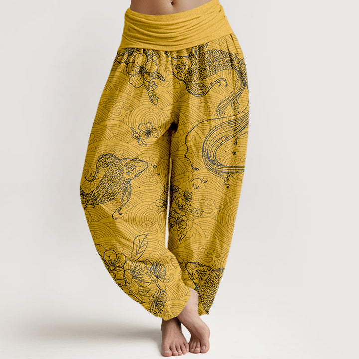 Buddha Stones Pure Cotton Exquisite Koi Fish Flowers Patterns Women's Elastic Waist Harem Pants - Gold - US16，UK/AU20，EU48 (3XL) - image 5