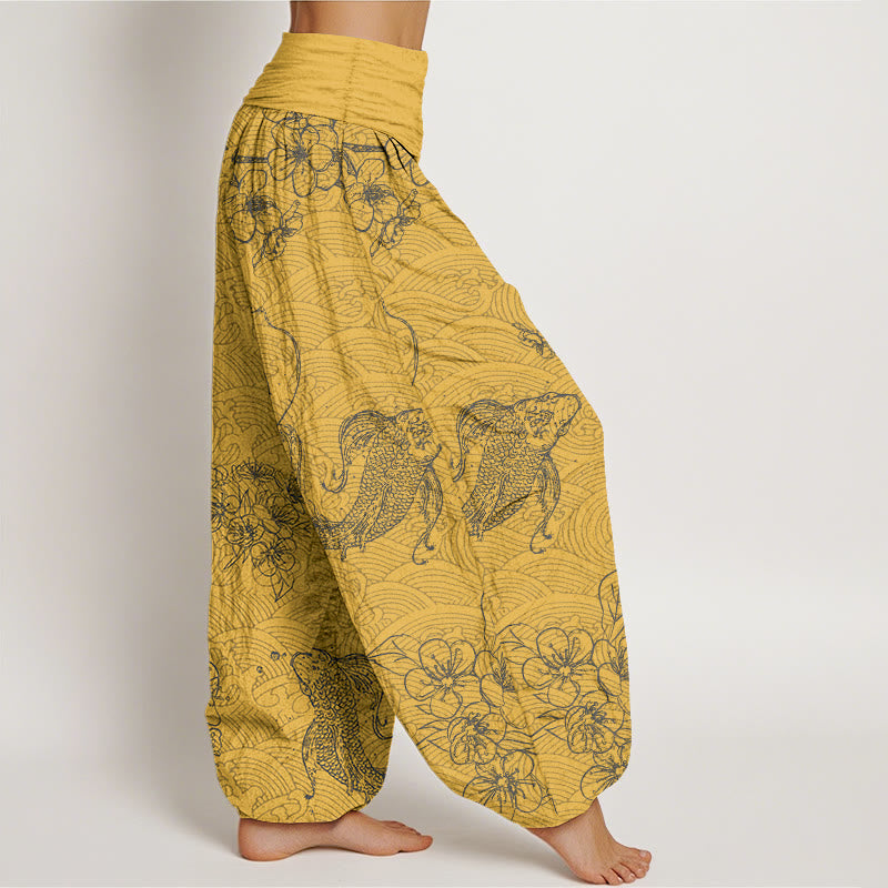 Buddha Stones Pure Cotton Exquisite Koi Fish Flowers Patterns Women's Elastic Waist Harem Pants - image 7