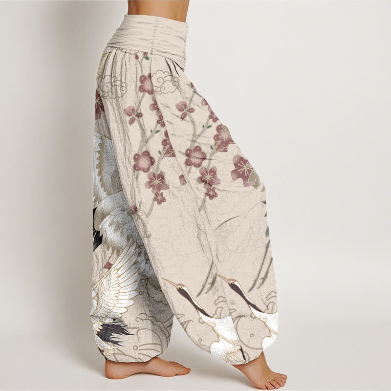 Buddha Stones Pure Cotton Cranes Flowers Clouds Patterns Women's Elastic Waist Harem Pants - image 7