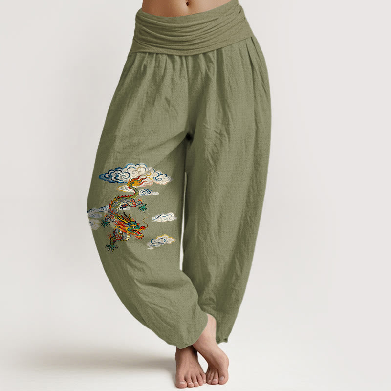 Buddha Stones Pure Cotton Colorful Dragon Cloud Pattern Women's Elastic Waist Harem Pants - OliveDrab - US16，UK/AU20，EU48 (3XL) - image 14
