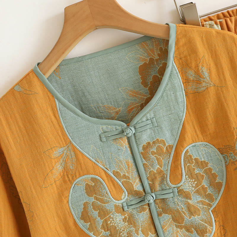 Buddha Stones 2pcs Frog-Button Printed Long Sleeve Cardigan Shirt Pants With Pockets Cotton Set  - image 2