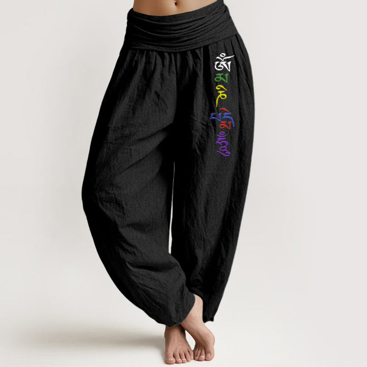 Buddha Stones Pure Cotton Om Symbol Tibetan Script Pattern Women's Elastic Waist Harem Pants - Black - US16，UK/AU20，EU48 (3XL) - image 0