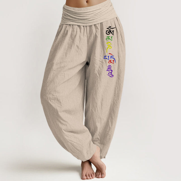 Buddha Stones Pure Cotton Om Symbol Tibetan Script Pattern Women's Elastic Waist Harem Pants - Tan - US16，UK/AU20，EU48 (3XL) - image 11