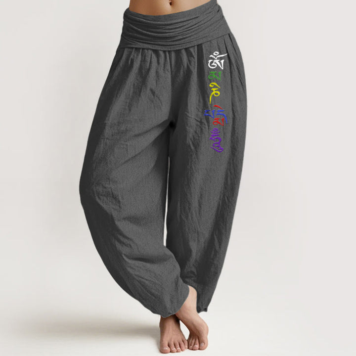 Buddha Stones Pure Cotton Om Symbol Tibetan Script Pattern Women's Elastic Waist Harem Pants - DimGray - US16，UK/AU20，EU48 (3XL) - image 8