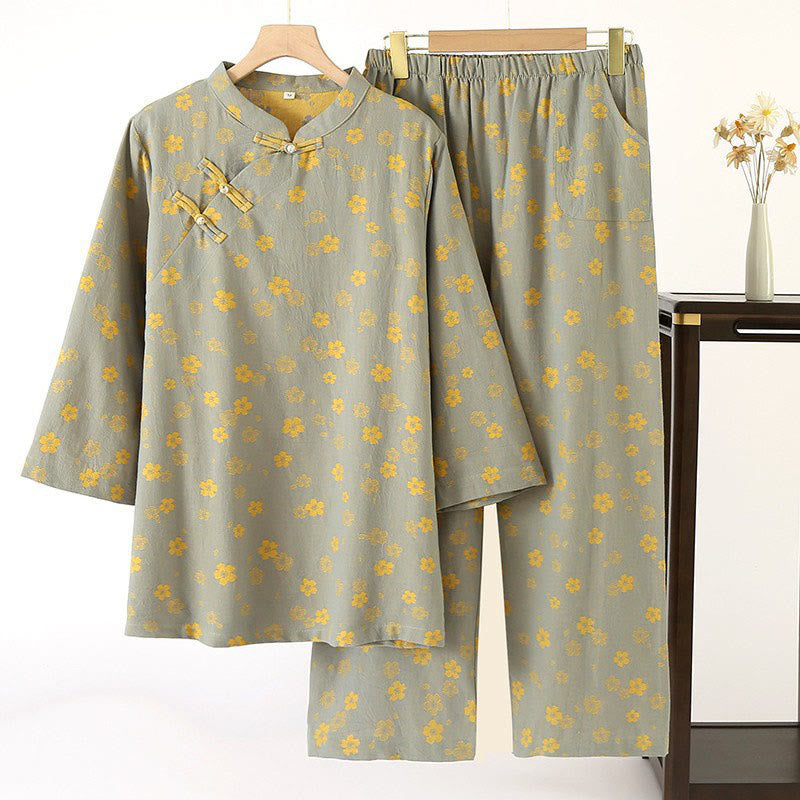 Buddha Stones 2pcs Colorful Floral Long Sleeve Frog-Button Shirt Pants With Pockets Pure Cotton Set  - DarkSeaGreen - US6，UK/AU10，EU38 (XL) - image 0