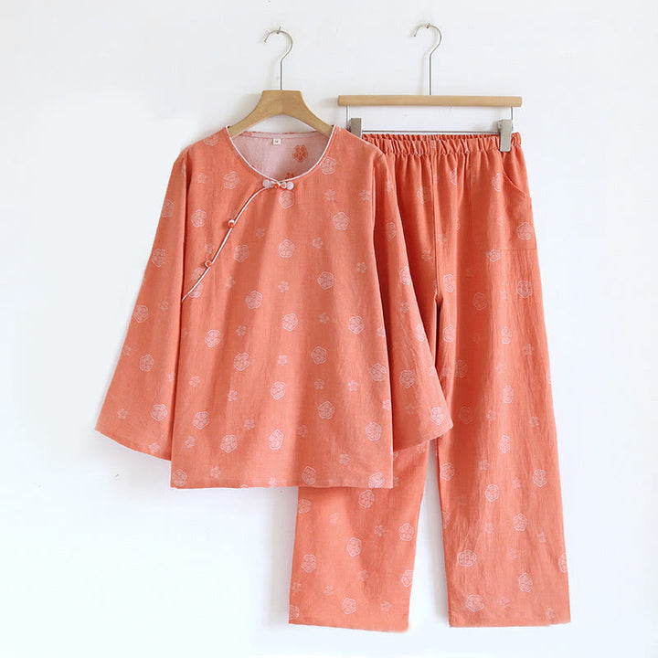 Buddha Stones 2pcs FLoral Pattern Long Sleeve Crew Neck Button Shirt Pants With Pockets Cotton Set  - Coral Plum Bossom - US6，UK/AU10，EU38 (XL) - image 2