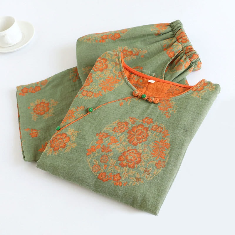 Buddha Stones 2pcs FLoral Pattern Long Sleeve Crew Neck Button Shirt Pants With Pockets Cotton Set  - image 1