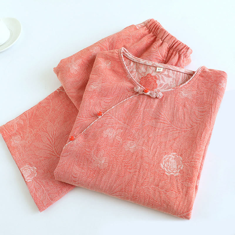 Buddha Stones 2pcs FLoral Pattern Long Sleeve Crew Neck Button Shirt Pants With Pockets Cotton Set  - image 26