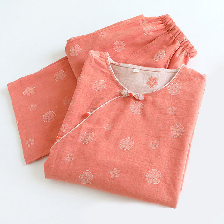 Buddha Stones 2pcs FLoral Pattern Long Sleeve Crew Neck Button Shirt Pants With Pockets Cotton Set  - image 3