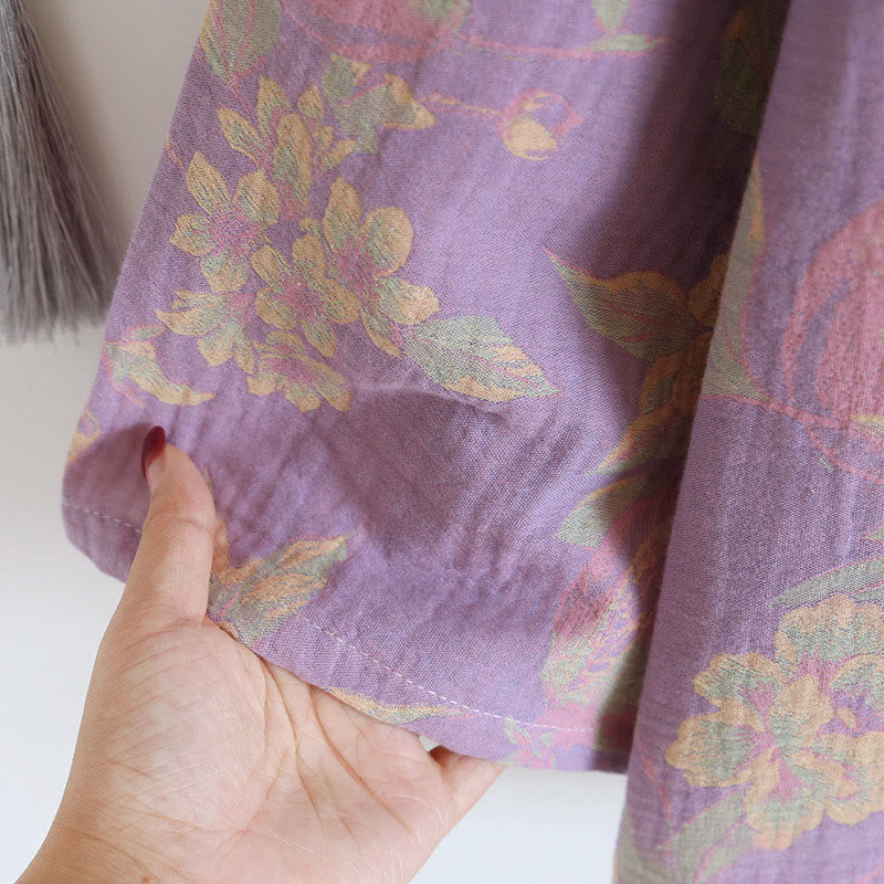 Buddha Stones 2pcs FLoral Pattern Long Sleeve Crew Neck Button Shirt Pants With Pockets Cotton Set  - image 12