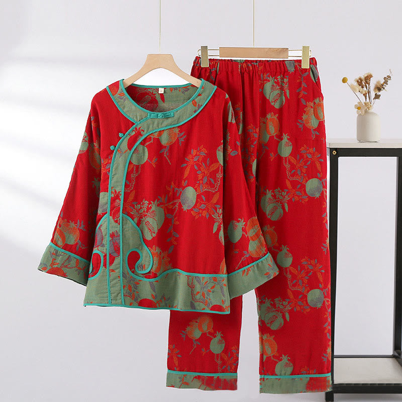 Buddha Stones 2pcs Patchwork Long Sleeve Frog-Button Shirt Pants With Pockets Pure Cotton Set  - Red Fruit Pattern - US6，UK/AU10，EU38 (XL) - image 4