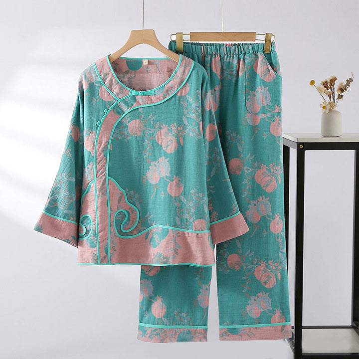 Buddha Stones 2pcs Patchwork Long Sleeve Frog-Button Shirt Pants With Pockets Pure Cotton Set  - Turquoise Fruit Pattern - US6，UK/AU10，EU38 (XL) - image 2