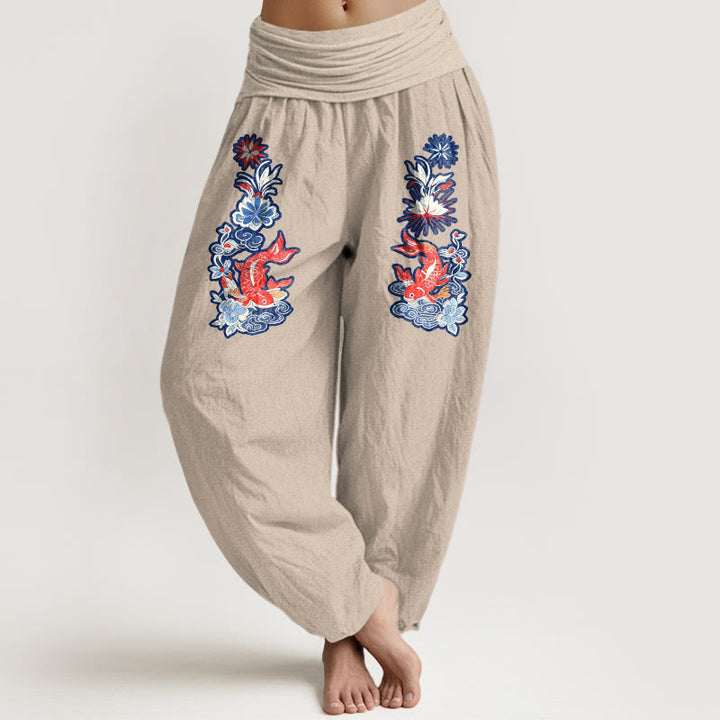 Buddha Stones Pure Cotton Striking Koi Fish Flower Pattern Women's Elastic Waist Harem Pants - Tan - US16，UK/AU20，EU48 (3XL) - image 14
