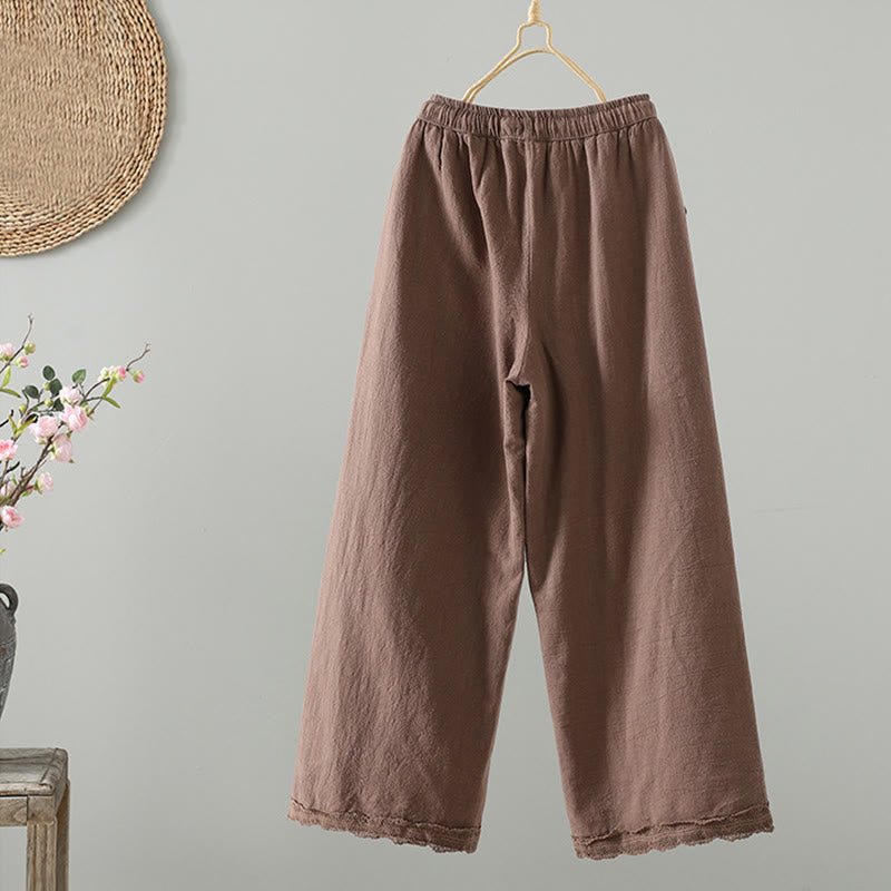 Buddha Stones Women's Pure Color Lace Patchwork Drawstring Thermal Cotton Pants With Pockets - image 1