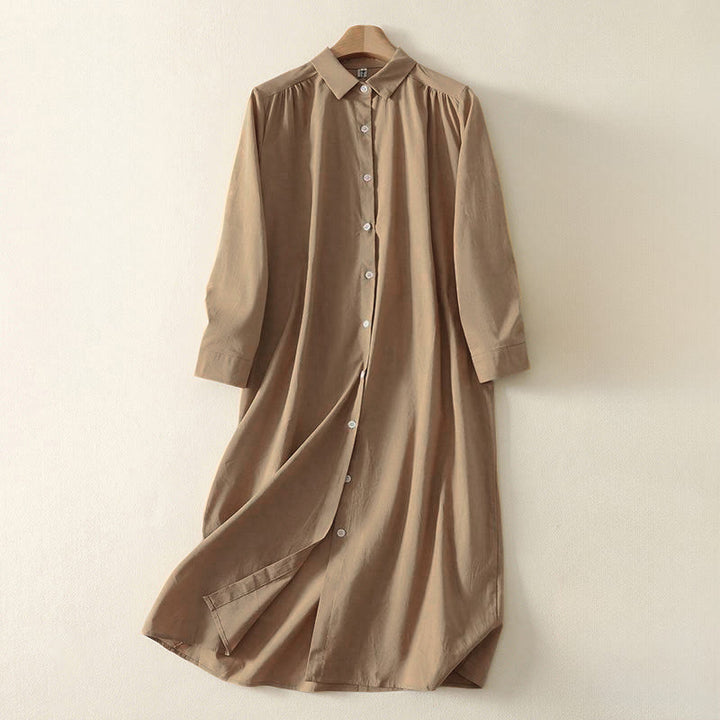 Buddha Stones Fall Solid Color Lapel Buttons Long Sleeve Cotton Midi Dress With Pockets - Tan - US12，UK/AU16，EU44 (2XL) - image 11
