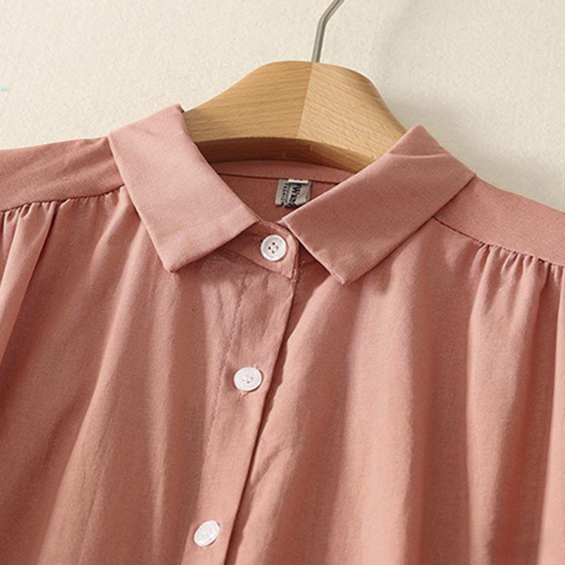 Buddha Stones Fall Solid Color Lapel Buttons Long Sleeve Cotton Midi Dress With Pockets - image 3