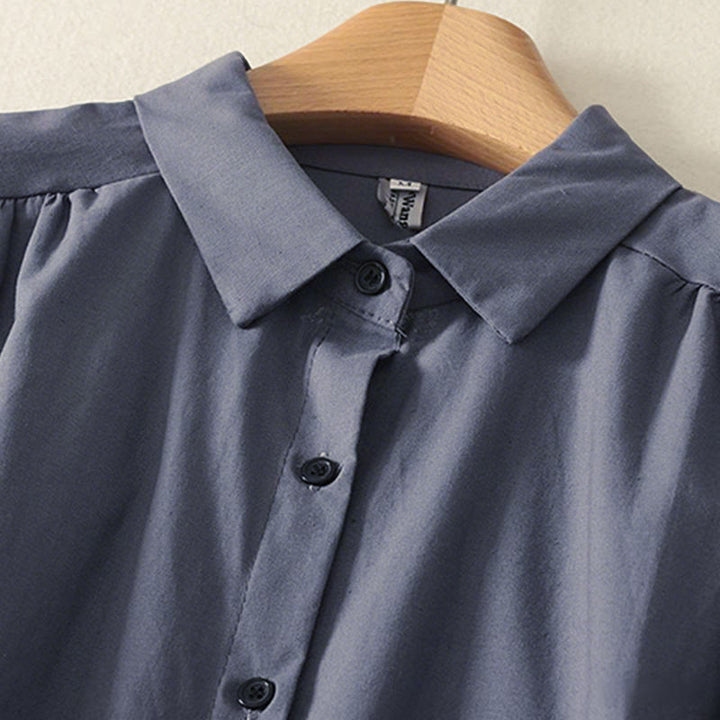 Buddha Stones Fall Solid Color Lapel Buttons Long Sleeve Cotton Midi Dress With Pockets - image 17