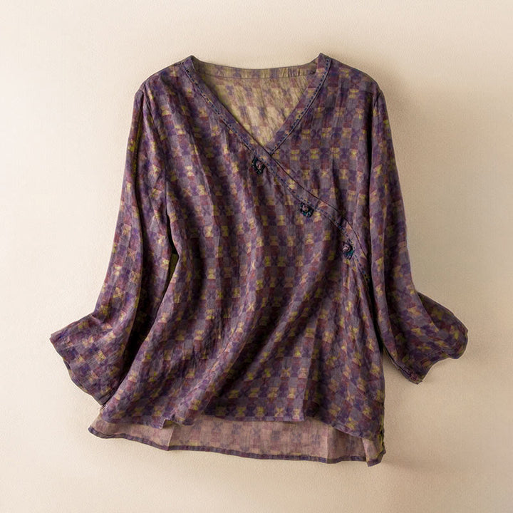 Buddha Stones Spring V-Neck Printed Floral Pattern Women's Long Sleeve Shirt - DarkMagenta - US8-10，UK/AU12-14，EU40-42 (2XL) - image 12