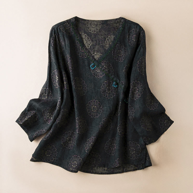 Buddha Stones Spring V-Neck Printed Floral Pattern Women's Long Sleeve Shirt - Black - US8-10，UK/AU12-14，EU40-42 (2XL) - image 0