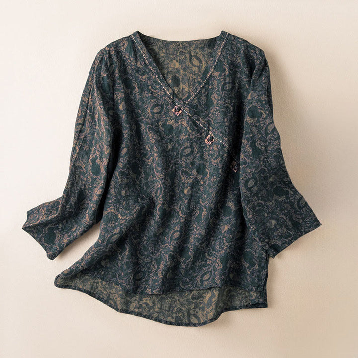 Buddha Stones Spring V-Neck Printed Floral Pattern Women's Long Sleeve Shirt - DarkSlateGray - US8-10，UK/AU12-14，EU40-42 (2XL) - image 4