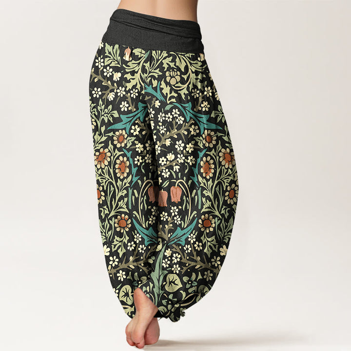 Buddha Stones Pure Cotton Retro Flowers Leaves Pattern Women's Elastic Waist Harem Pants - image 9