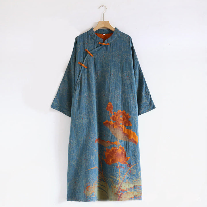 Buddha Stones Jacquard Flowers Pattern Frog-Button Stand Collar Long Sleeve Cotton Midi Dress - SteelBlue - US8-10，UK/AU12-14，EU40-42 (XL) - image 0