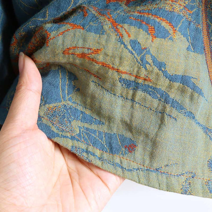 Buddha Stones Jacquard Flowers Pattern Frog-Button Stand Collar Long Sleeve Cotton Midi Dress - image 7