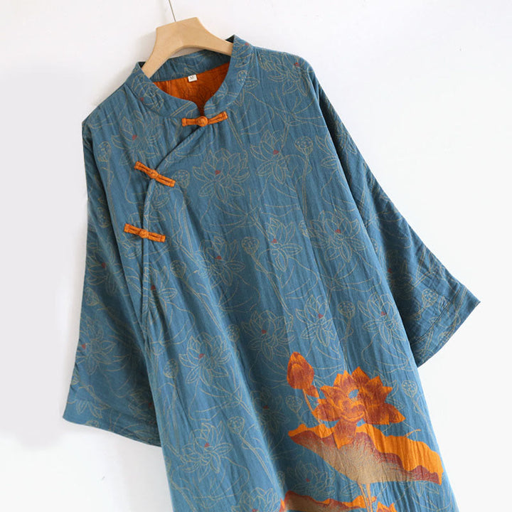 Buddha Stones Jacquard Flowers Pattern Frog-Button Stand Collar Long Sleeve Cotton Midi Dress - image 3