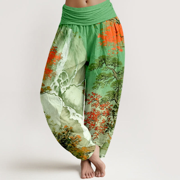 Buddha Stones Pure Cotton Color Coordinated Landscape Tree Pattern Women's Elastic Waist Harem Pants - LimeGreen - US16，UK/AU20，EU48 (3XL) - image 0