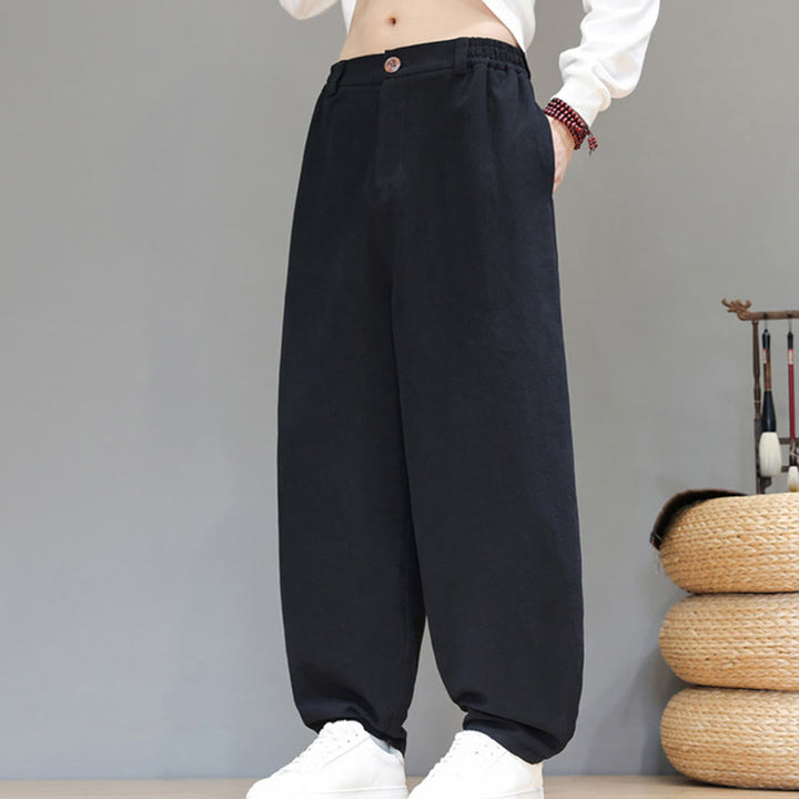 Buddha Stones Fall Sports Men's Pure Color Button Design Cotton Pants With Pockets - image 10