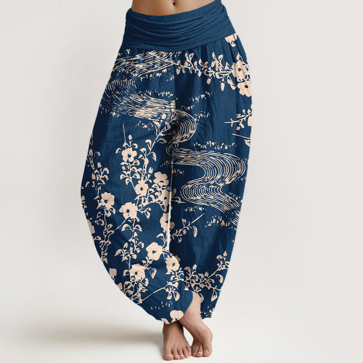 Buddha Stones Pure Cotton Simple Flowers Stream Pattern Women's Elastic Waist Harem Pants - DarkBlue - US16，UK/AU20，EU48 (3XL) - image 0