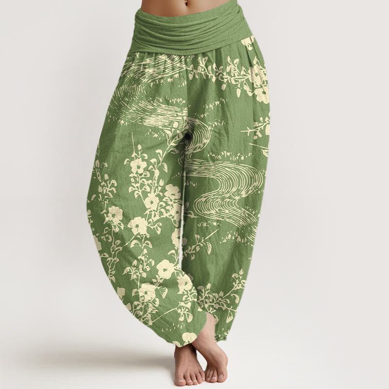 Buddha Stones Pure Cotton Simple Flowers Stream Pattern Women's Elastic Waist Harem Pants - YellowGreen - US16，UK/AU20，EU48 (3XL) - image 8