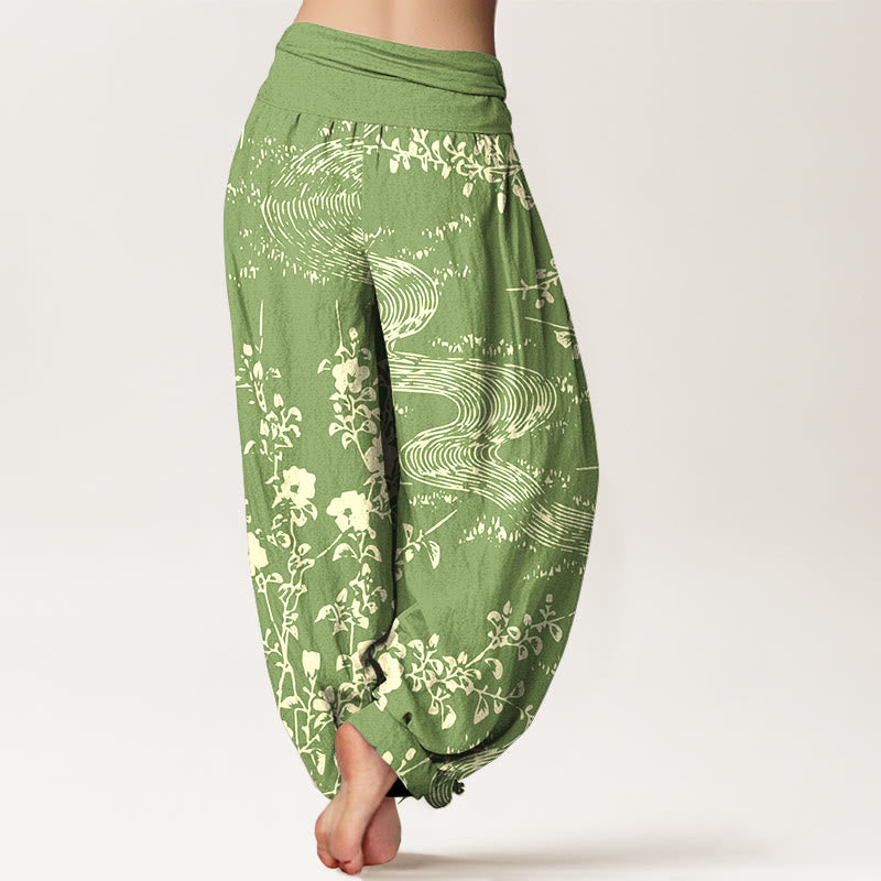 Buddha Stones Pure Cotton Simple Flowers Stream Pattern Women's Elastic Waist Harem Pants - image 9